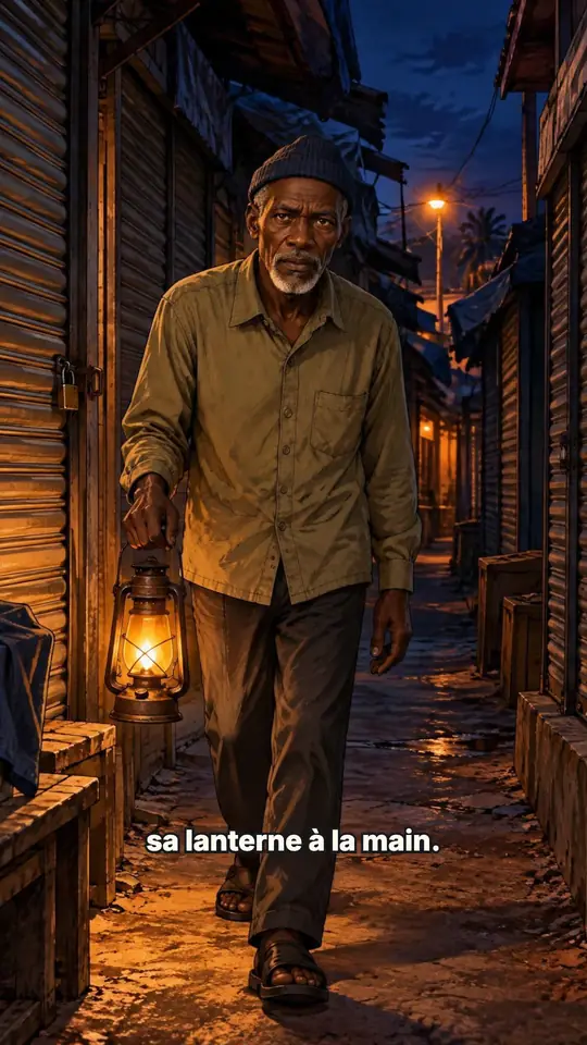 Exemple fictif fabriqué par Griot, « Le casse du marché d’Adjamé » : un vieux gardien fait sa ronde de nuit, lanterne à la main, entre les rideaux de fer du marché